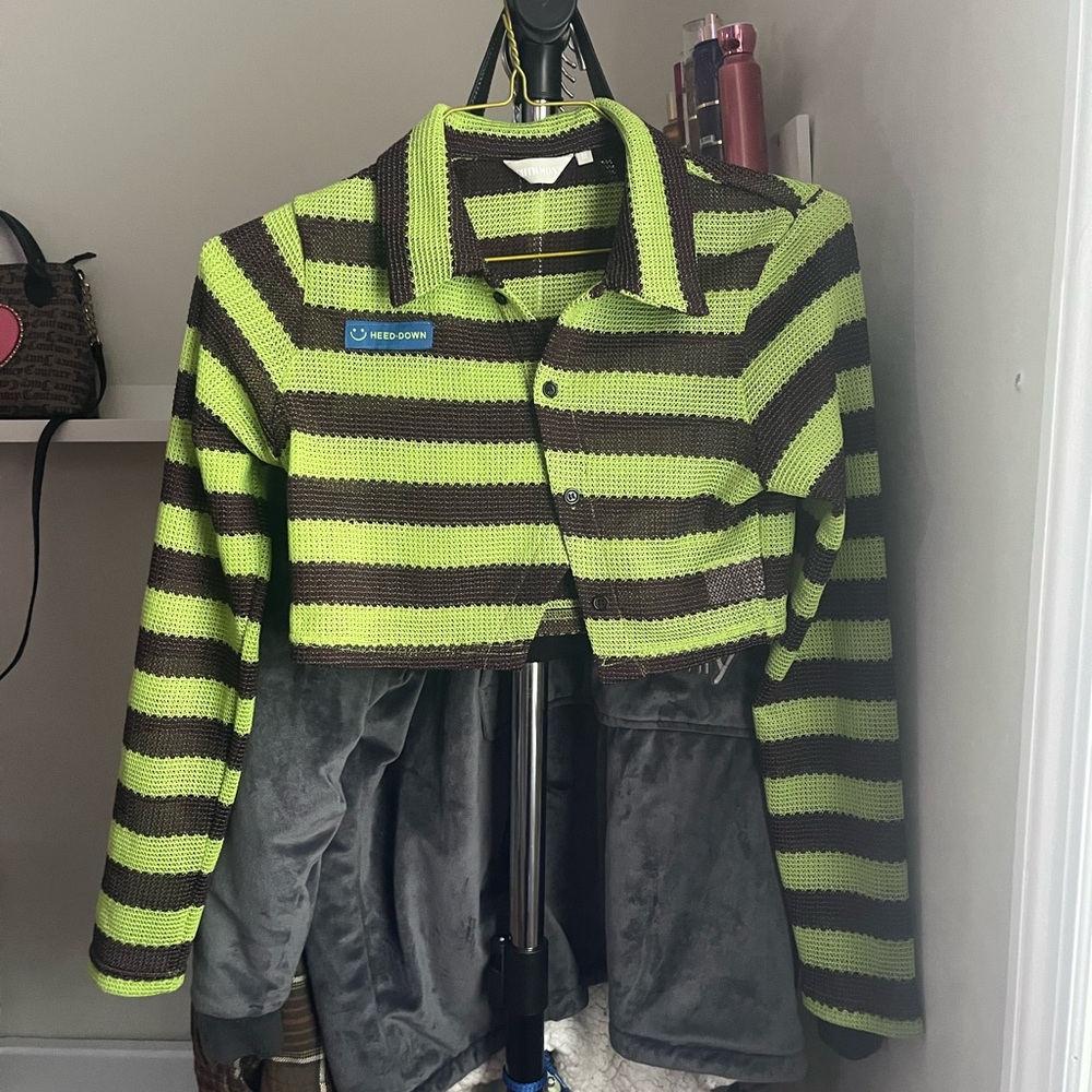 Green and Brown Striped Cropped Cardigan